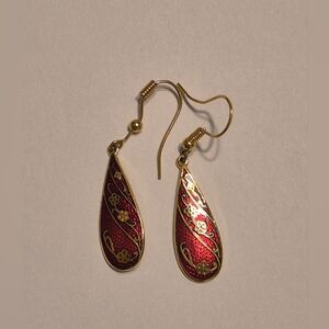 Gold-Tone Red Teardrop Floral Enamel Earrings
